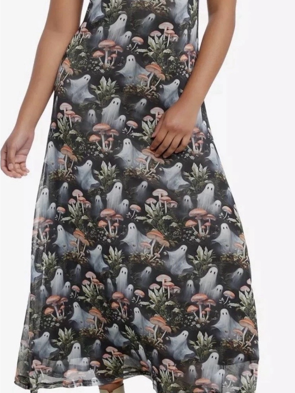 Thorn & Fable-Ghost & Mushroom Print Mesh Maxi Dress-Cottagecore-Spooky-LRG